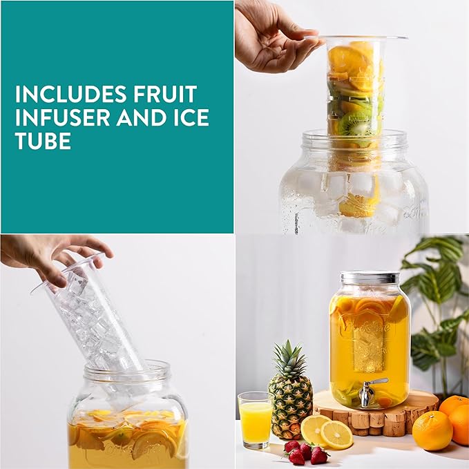 Navaris Drink Dispenser with Tap - 2.1gal (8L) - Glass Drinks Dispenser w/Fruit Infuser &amp Ice Insert - Large Water or Cocktail Jar - For Party Office or Home