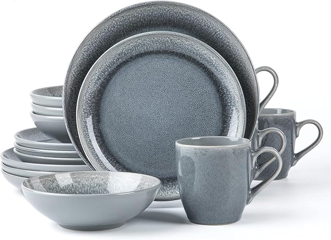 FAIT Round Stoneware 16pc Dinnerware Set for 4 Dinner Plates Side Plates Cereal Bowls Mugs - Reactive Glaze Grey (448158)