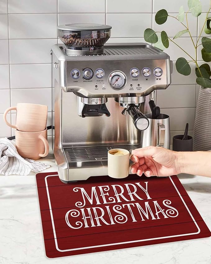 Coffee Mat for Counter Merry Christmas Rustic Red Wood Grain Absorbent Hide Stain Coffee Bar Mat Non-slip Coffee Bar Accessories Kitchen Drying Mat Fit Under Coffee Maker Espresso Machine