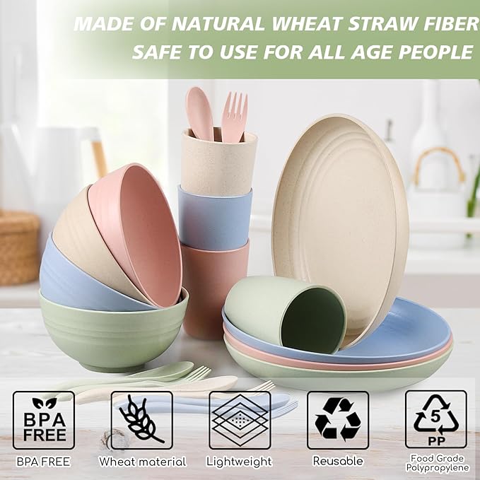 Shopwithgreen Wheat Straw Dinnerware Sets for 4 20 PCS Unbreakable Plates and Bowls Sets Reusable Dinner Dishes Set Bowls Cups Plates for Camping Kitchen RV Dorm Dishwasher Microwave Safe