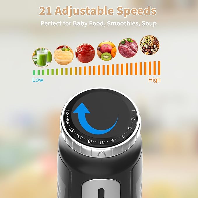 Toogel Cordless Immersion Blender 4-in-1 Electric Hand Blender with 21-Speed &amp 3-Angle Adjust USB Rechargeable BPA-Free &amp Dishwasher Safe for Baby Food Smoothies Soup (Black)