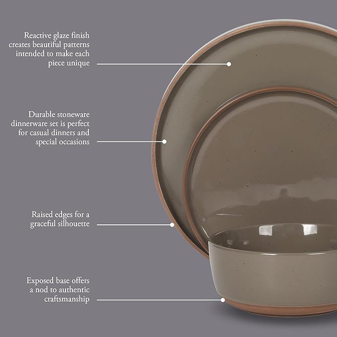 Gibson Elite Northrock Stoneware Dinnerware Set 12-Piece Service for 4 Plates and Bowls Set – Gray Dishes with Hand-Painted Terracotta Base