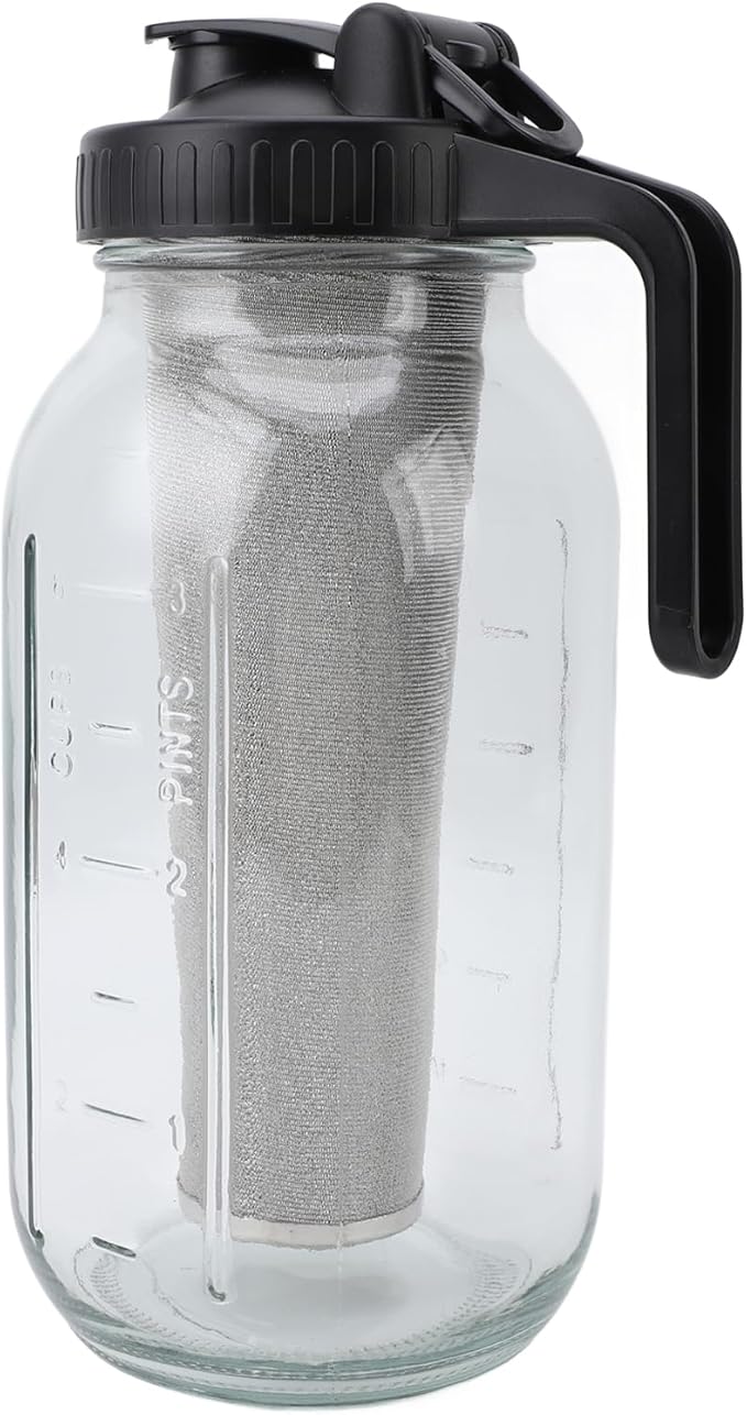 Cold Brew Coffee Maker Pitcher Iced Coffee Maker with Stainless Steel Thick Glass Jar Spout Lid and Handle Dishwasher Safe (2000ml)