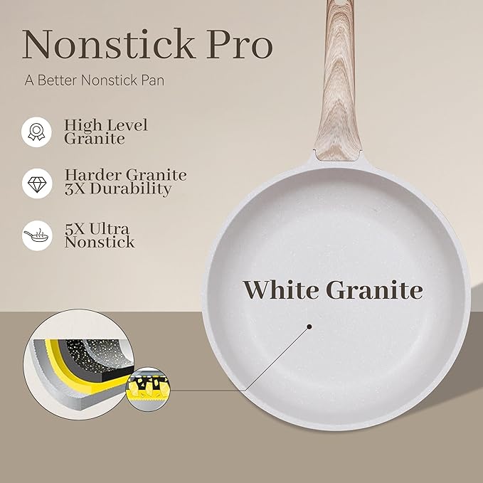 23Pcs Pots and Pans Set Non Stick Kitchen Cookware Sets Granite Induction Cookware Non Stick Cooking Set w/Frying Pans Saucepans Griddle EggPan (White)