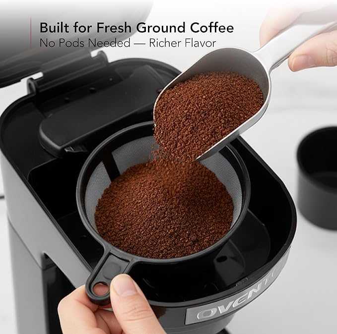 OVENTE Double Drip Coffee Maker with 2 Ceramic Mugs and Auto Shut Off Small Dual Drip Coffee Maker Machine Works with Ground Coffee Only Compact Kitchen or Office Essential Black CMDD2MB