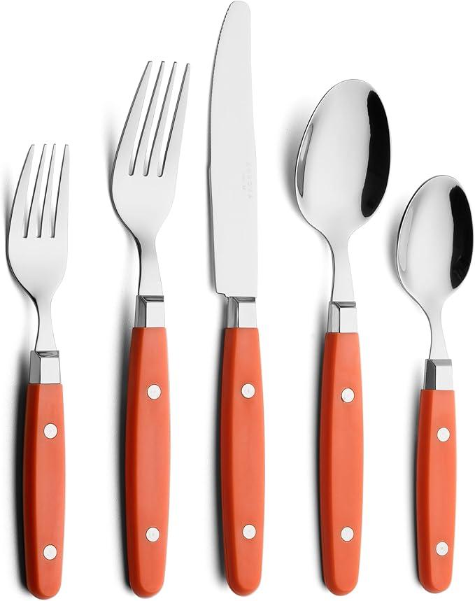 ANNOVA Silverware Set Retro/Rivet Colorful Stainless Steel Tableware Kitchen Flatware Set Utensils Includes Dinner Knives Forks Spoons Salad Forks &amp Dessert Spoons (Orange 20 Pieces)