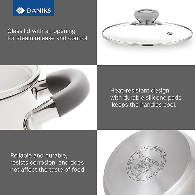 Daniks Modern 10-Piece Stainless Steel Cookware Set with Glass Lids Includes Saucepan Tri-Ply Bases for Even Heating Induction Compatible Dishwasher Safe Heatproof Handles