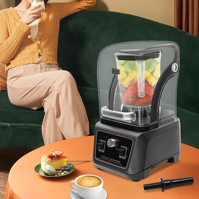 Commercial Blender 23000/RPM 2200W Multifunctional Adjustable Speed Blenders Stainless Steel Blenders Large Capacity Blending Machine w/Soundproof Shield for Homes Restaurants Cafes