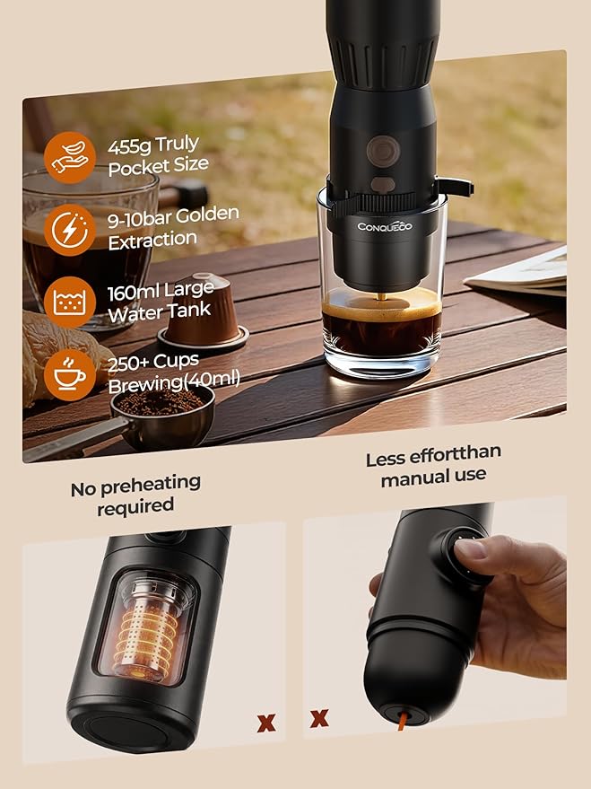 Portable Handheld Electric Espresso Machine Ultra Light Compact Coffee Maker for Hot Water 160ML Large Water Tank 2300mAh Battery Unique Bracket Fast Brewing for NS Capsules Travel/Camping/Office