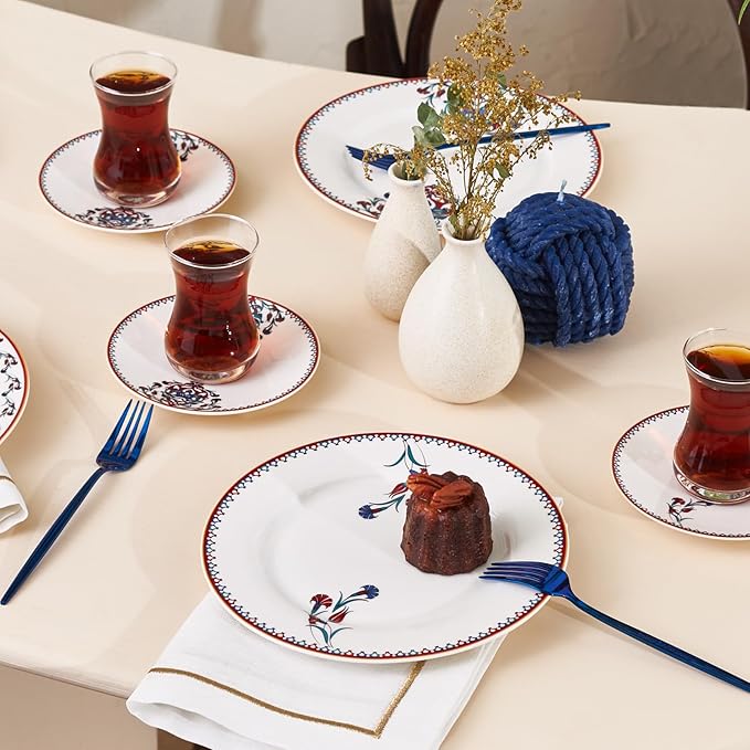 Karaca Nakkas 18 Piece Turkish Teacups &amp Appetizer Plate Set for 6 People - Colorful Dessert Plates (7.4) Small Turkish Tea Glasses with Saucers - Glass Tea Cups &amp Porcelain Dish Set