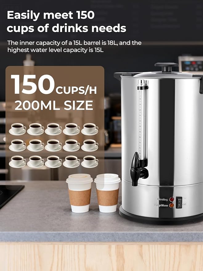 FOHERE Coffee Maker 150 Cups Commercial Coffee Urn 15 L/3.96 Gal Electric Hot Beverage Dispenser with Dripless Faucet 1500W Power Quick Brew Stays Hot for Coffee &amp Beverage Catering Party