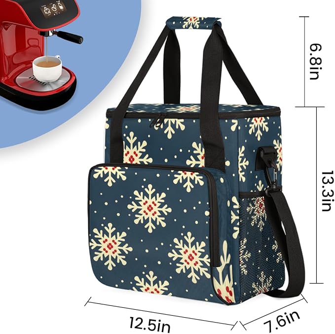 Christmas Snowflakes Coffee Maker Carrying Bag Dreamy Snowflakes Travel Storage Bag Compatible with K-Mini or K-Mini Plus Single Serve Coffee Brewer Carrying Case with Pockets &amp Shoulder Strap