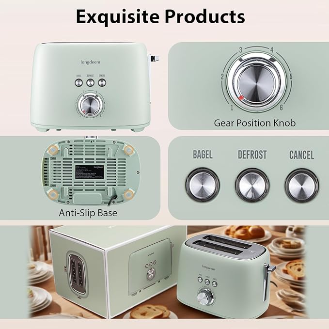 2 Slice Toaster - Stainless Steel 1.5 Extra Wide Slots 6 Browning Settings Bagel/Defrost/Cancel Modes Green
