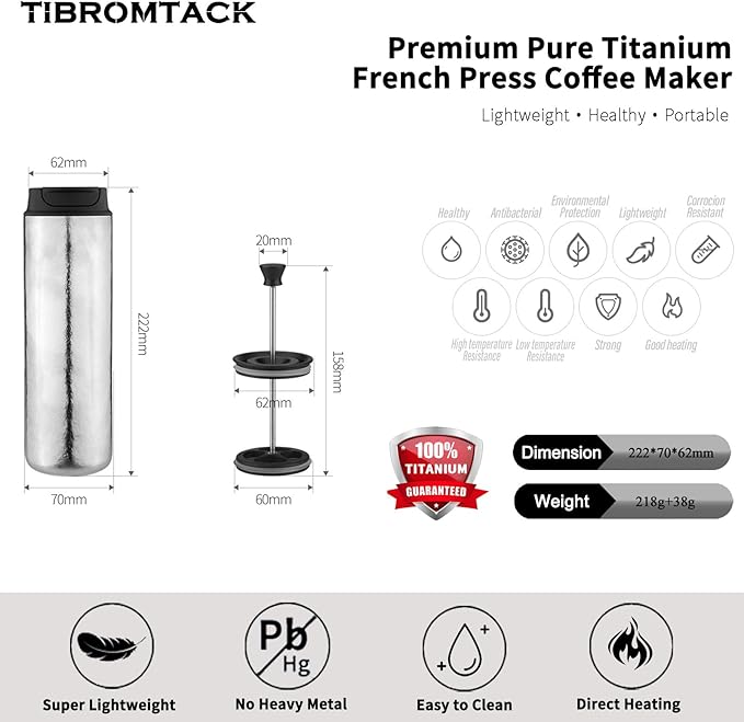 Pure Titanium French Press Coffee Maker 480ml(16.2 oz) Double - Layer Insulated Portable Lightweight Set for Outdoor Camping Ice Flower &amp Matte Finish (Ice crystals)