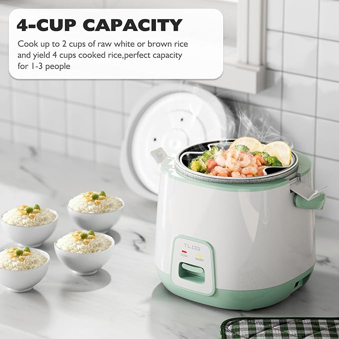 TLOG Mini Rice Cooker 2-Cup Uncooked(4-Cup cooked) Healthy Non-stick Coating 1.2L Small Rice Maker for 1-3 People Portable Travel Fast Cooker with Steam Tray Rice Maker for Grains White Rice Oatm