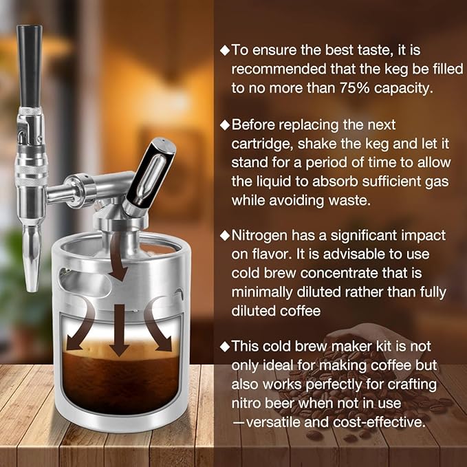 Nitro Cold Brew Coffee Maker 64oz SS Mini Keg Cold Brew Maker Nitro Coffee Machine System with Pressure Relief Valve &amp Stout Creamer Faucet Nitro Keg Coffee Growler Gift for Coffee Lovers