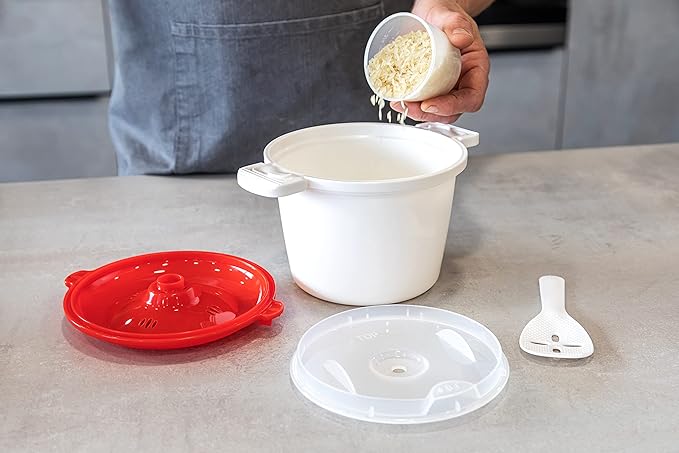 KitchenCraft Rice Cooker - Microwave Steamer BPA Free Plastic 1.5 Litre White/Red
