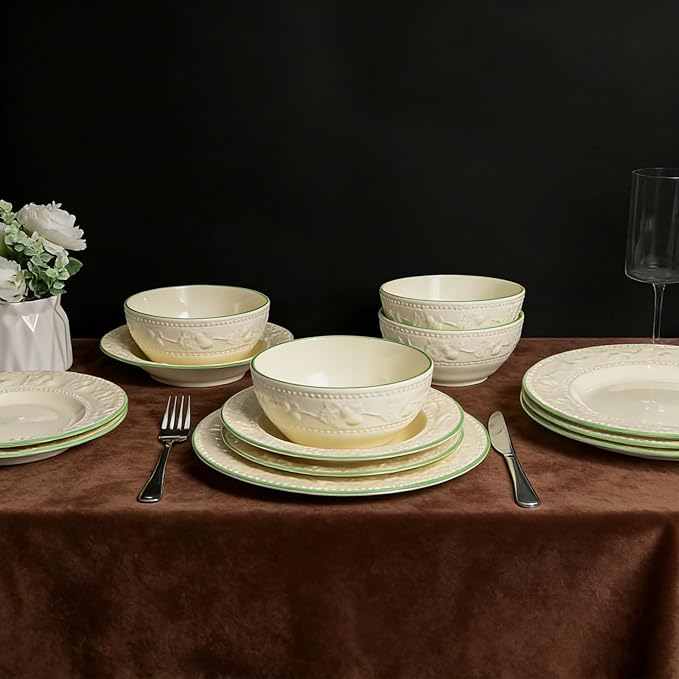 Dinnerware Set for 4 Modern Stoneware Dish Set 16-Piece Porcelain Plates and Bowls Set Ceramic Kitchen Dinner Set Service for 4 Microwave and Dishwasher Safe Lvory (16pcs strawberry)