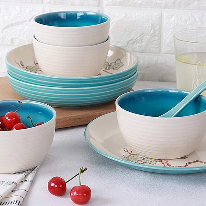Dishes Dessert Plates 28-Piece Kitchen Dinnerware Set Household Ceramic Dinner Plate Sets Creative Plum Pattern Dishes Dinnerware Sets Service For 6 Appetizers Sal