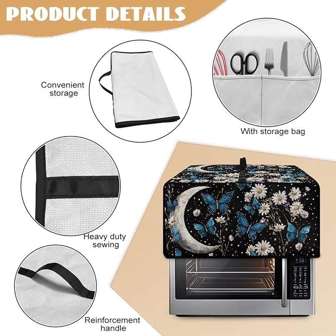 Buttefly Print Toaster Oven Cover for Kitchen Counter Decorative Daisy Moon Print Smart Microwave Oven Protector Dustproof Stain Resistant Bread Maker Cover Black