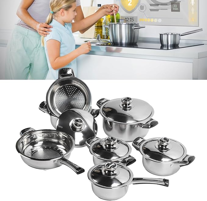 Kitchen Cookware Set Stainless Steel Soup Pot Saucepan Frying Pan Saucepan with Lid Even Heat Conduction Pots Pans Steam Grid Cooking Set for the Household