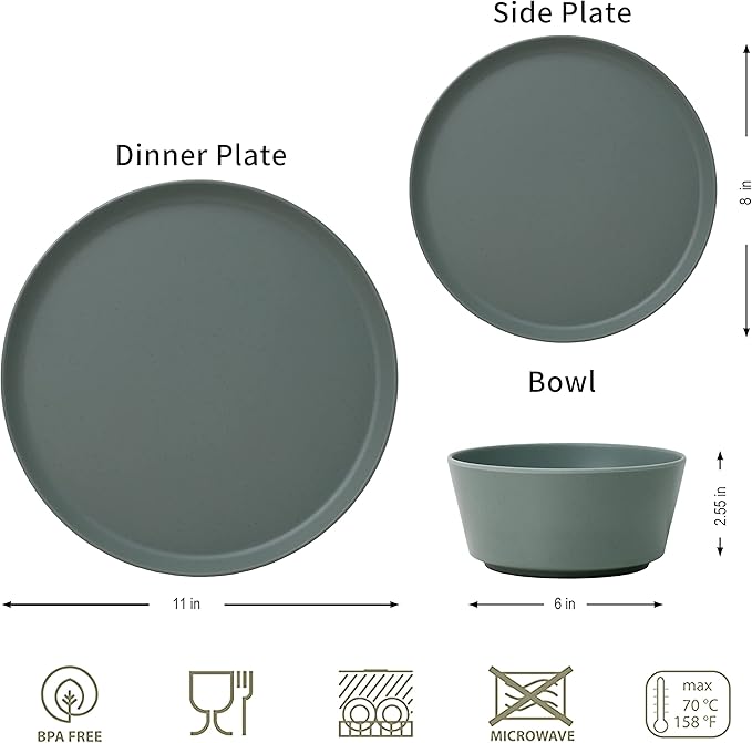 FINE&ampNICE 12Pcs Melamine Dinnerware Sets Plates and Bowls Sets for 4 Unbreakable and Lightweight Dishes Set for Indoor and Outdoor Use BPA Free Dishwasher Safe (Sage Green)