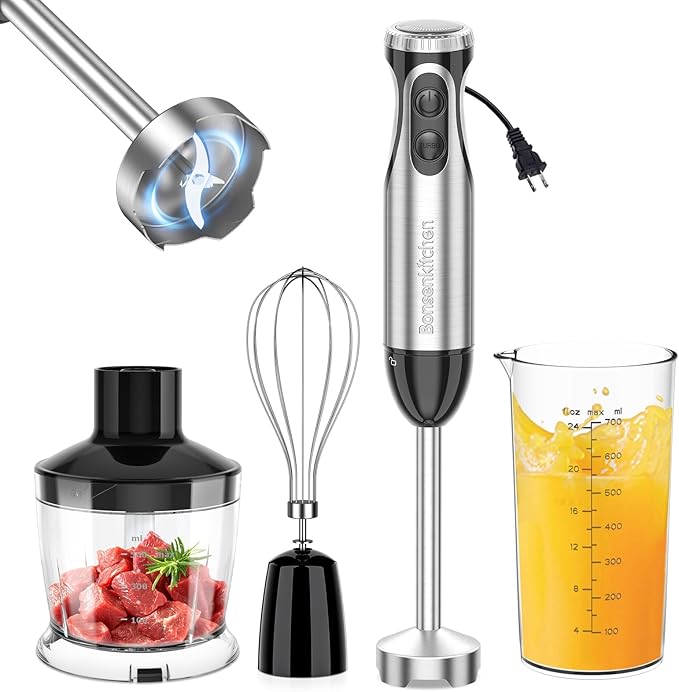 Bonsenkitchen Immersion Blender Handheld with Food Processor 20 Speeds Hand Blender with Turbo Mode Stainless Steel Blade Egg Whisk Beaker &amp Chopper Bowl Hand Mixer for Smoothie Soup Baby F