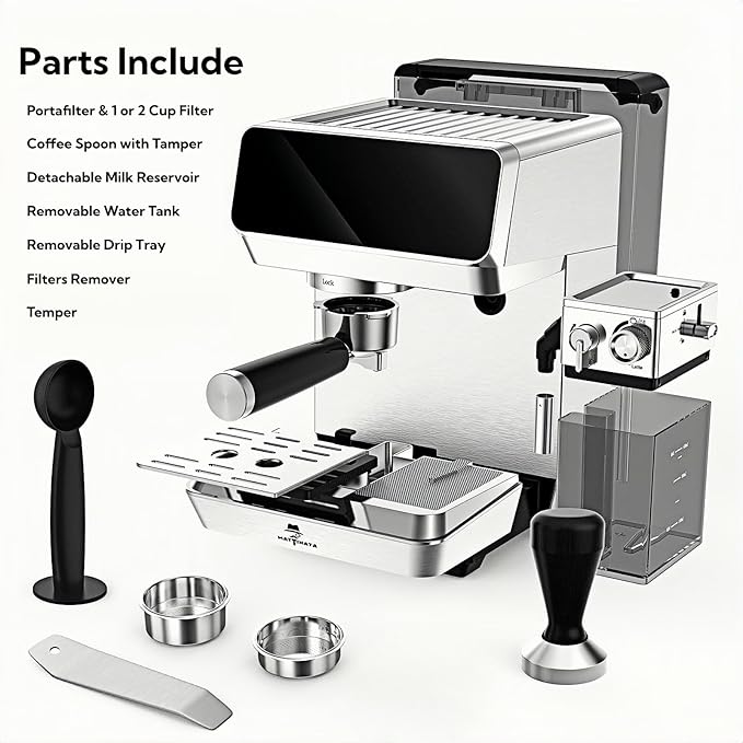 MAttinata CM1833L Automatic Cappuccino Machine 20 Bar Espresso Maker with Dual Boiler &amp Self-Cleaning Milk Frother Touch Screen Coffee Machine for Latte Stainless Steel Home and Office Silver