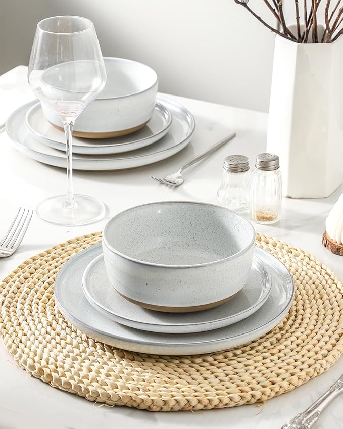 HASENSE Gray Dinner Plates Set of 4 and White Dinnerware Sets Bundle