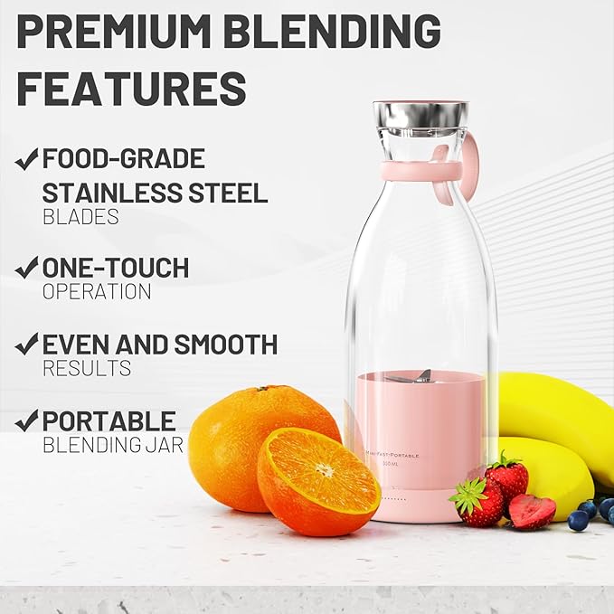 OTPEIR Portable Blender for Shakes and Smoothies with 11.83 Oz Travel Cup and LidDurable Stainless Steel Blades for Juice Blending Performance Pink