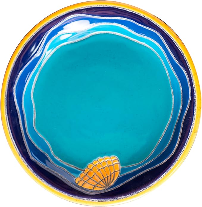 Artesa Vega Caribe Coastal Dinnerware Set Turquoise and Navy Blue with Gold Trim Handmade &amp Hand-Painted Ceramic 6-Piece Place Setting Seashell Design Microwave Safe