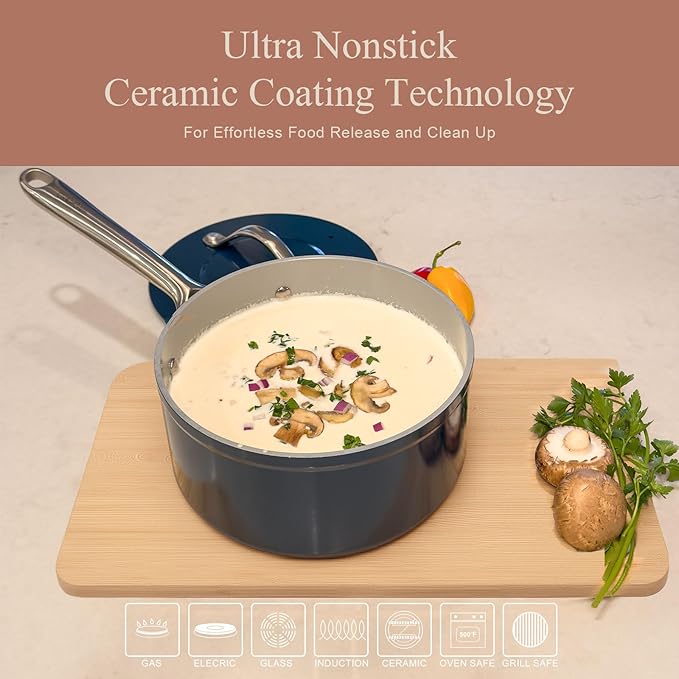 Ceramic Cookware Set Nonstick Ceramic Pots and Pans Non Toxic Frying Pans Sauce Pan Saute Pan with Lid Stay-Cool Handles Dishwasher &amp Oven Safe Compatible with All Cooktops