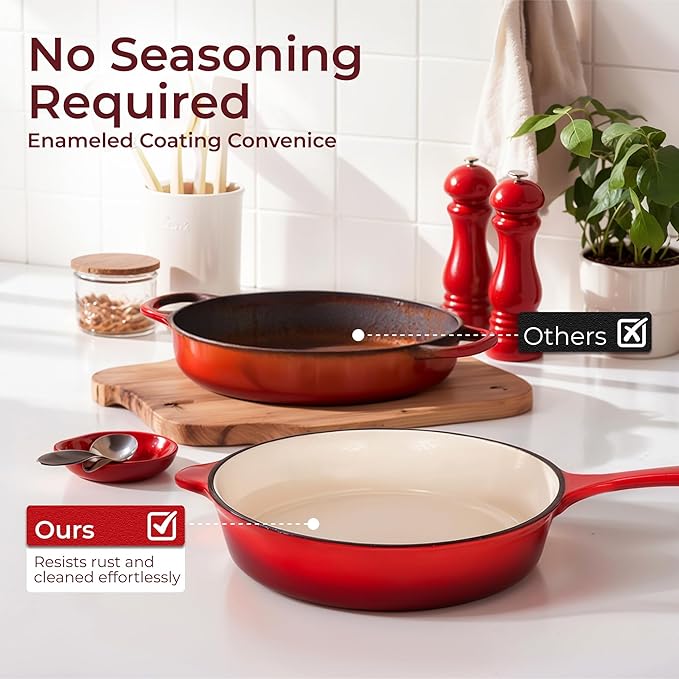 Kitchen Academy Enameled Cast Iron Cookware Sets - 7Pcs Pots and Pans Set Non Toxic Induction Dutch Oven Set PFOA&ampPFAS Free