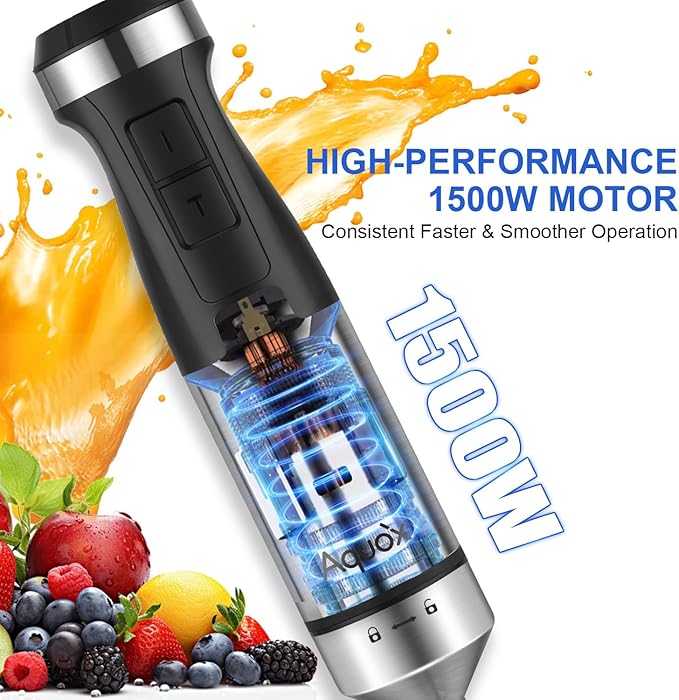 Immersion Blender 5 in 1 Handheld Blender 1500W 20 Speed Mode&ampTurbo Boost Heavy Duty Motor Electric Hand Blender with Chopper Whisk Frother Beaker for Baby Food Sauce Soup Aquox