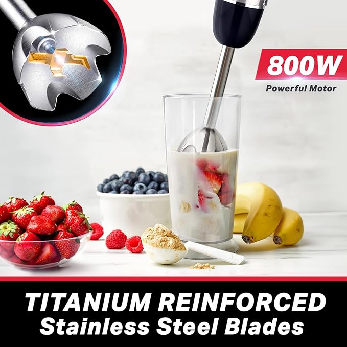 Mueller Multistick 800W 5-in-1 Immersion Blender Handheld 12 Speed Hand Mixer - Turbo Boost Heaviest Duty Copper Motor Titanium Blades Hand Blender Milk Frother Wand Whisk Kitchen Gadgets Black