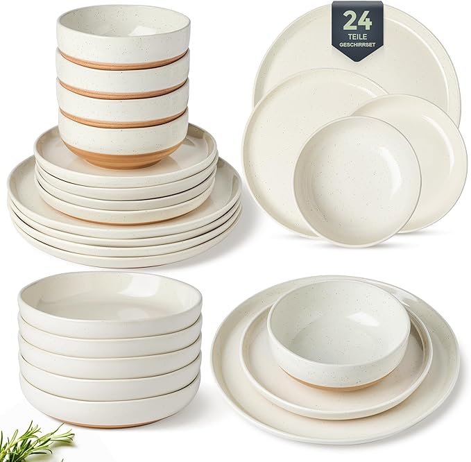 GBHOME 24-Piece Ceramic Dinnerware Set for 6 Handpainted Plates Pasta Bowls &amp Bowls Set with Rustic Terracotta Underside Scratch-Resistant Dishwasher &amp Microwave SafeSpeckled Glaze Beige