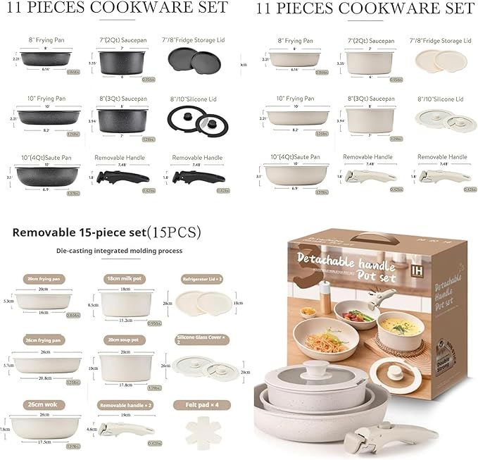 Cookware Set 9/11/15 Piece Cookware Detachable Handle Set for Kitchen (Cream9 Pcs)