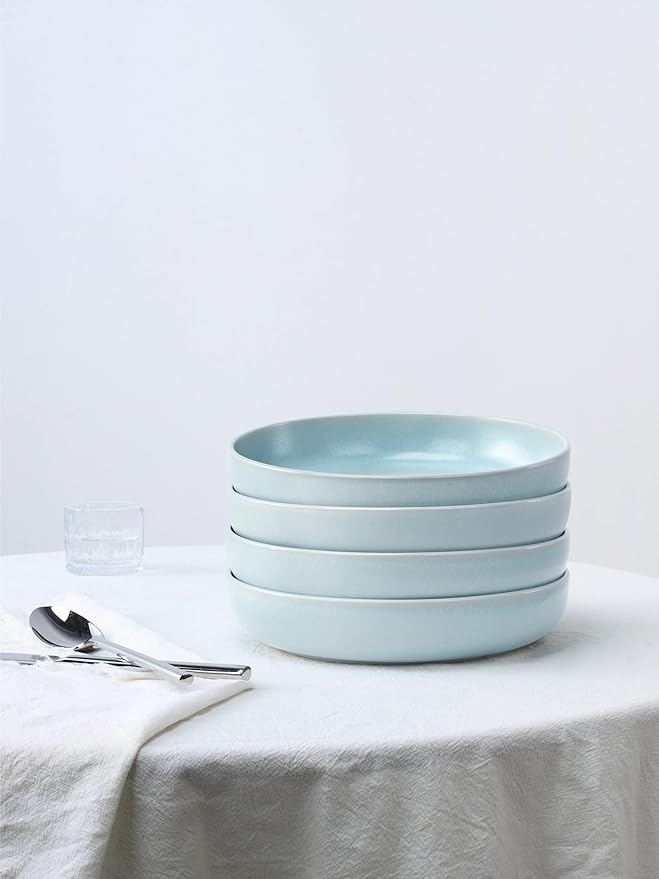 Famiware Milkyway Plates and Bowls Set 12 Pieces Dinnerware Sets and 4 Pieces Pasta Bowls Double Reactive Glaze Sturdy &amp Stackable Stoneware Dishes Set for 4 Light Blue