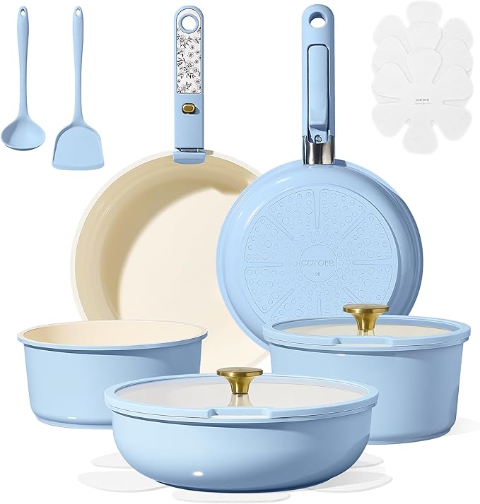 CAROTE 15Pcs Ceramic Cookware Set Pots and Pans Set Non Stick Kitchen Cooking Set with Detachable Handle Non Toxic Induction Cookware Dishwasher/Oven Safe