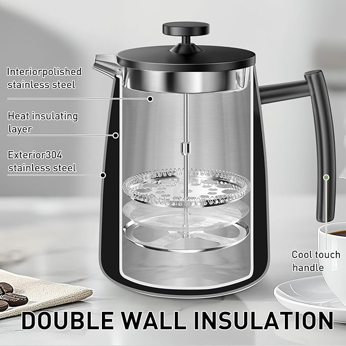 Secura 50oz French Press Coffee Maker – 304 Stainless Steel Insulated Coffee Press with Extra Filter Black