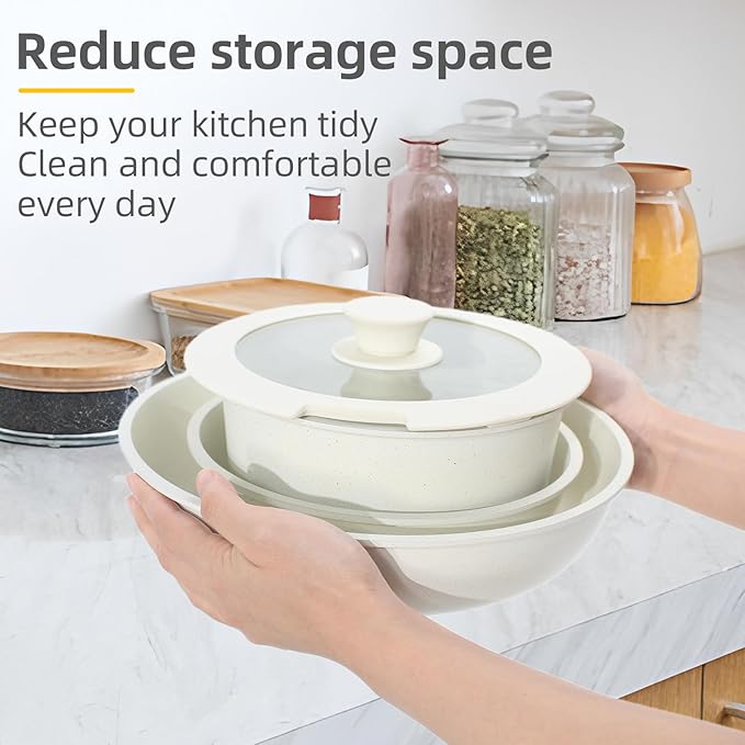11 PCS pots and pans set pots and pans set non stick Removable Handles Induction and Oven Safe Cookware Set Dishwasher Safe Cream