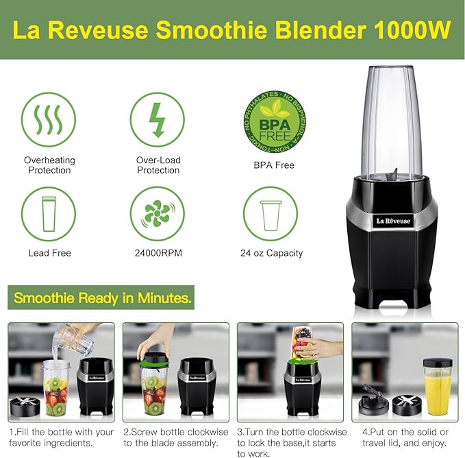 La Reveuse Personal Blender for Shakes and Smoothies 1000 Watts with 24 oz BPA-Free Portable Travel BottleDishwasher Safe (Black)