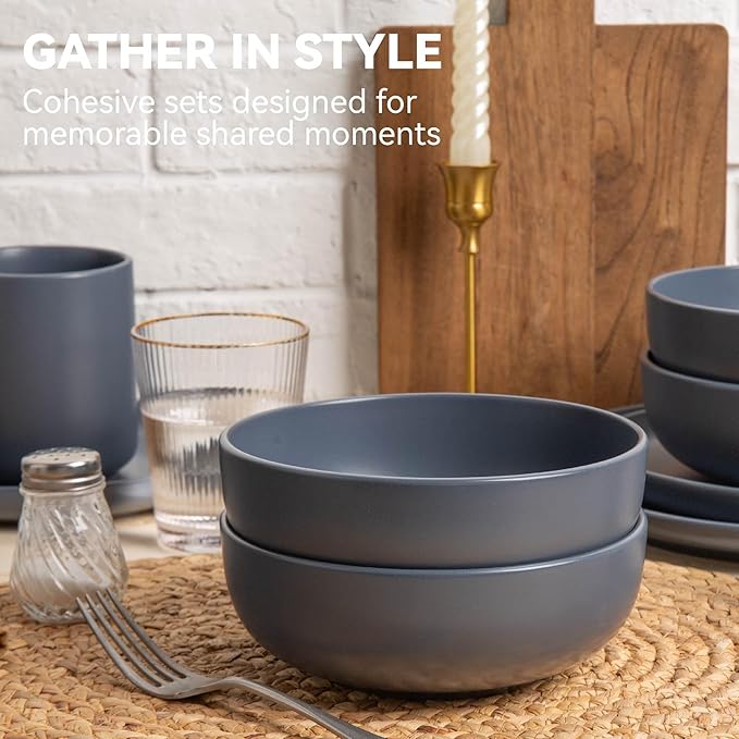 12-Piece Stoneware Dinnerware Set with Mugs | Microwave and Dishwasher Friendly | Stackable Matte Glaze Plates &amp Bowls | Service for 3 (Blue for 4)