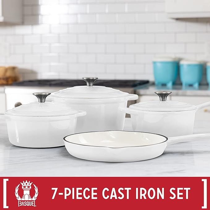 Basque Enameled Cast Iron Cookware Set (Blanc White) 7-Piece Set Nonstick Oversized Handles Oven Safe 10.25 Skillet 2QT Saucepan 2.25QT Small Dutch Oven 4.75QT Large Dutch Oven