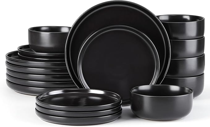 E-far Stoneware Dinnerware Sets for 6 18-Piece Plates and Bowls Set Modern Ceramic Dishes Dinning Ware Microwave &amp Dishwasher Safe - Matte Black
