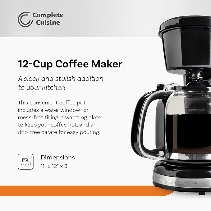 CC-1203-12C 12-Cup Coffee Maker Stainless-Steel Coffee Maker with Glass Coffee Pot Carafe and Reusable Coffee Filter