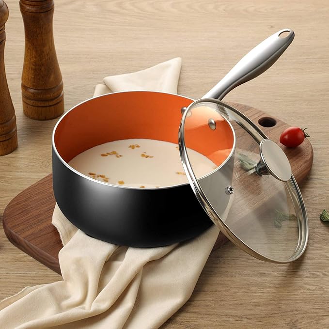 MICHELANGELO 8 Inch Frying Pan + 1 Quart Saucepan with Lid 2-Piece Copper Nonstick Cookware Set with Lid