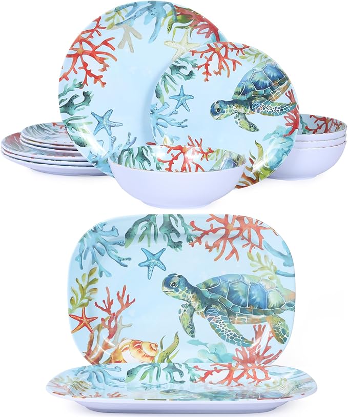 12-Piece Melamine Turtle Dinnerware Set &amp Service platter Unbreakable Lightweight Tableware Set - Turtle
