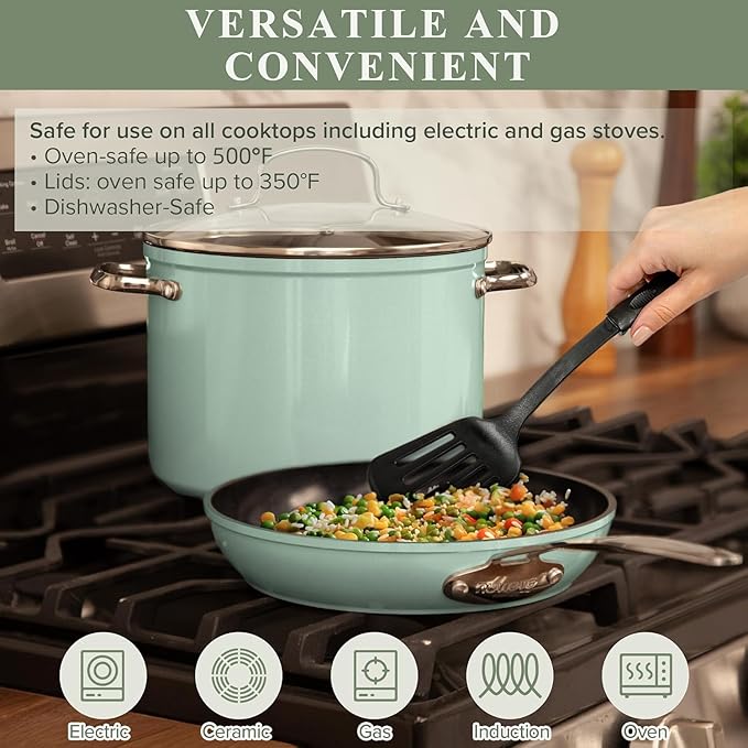Nuwave Healthy Duralon Blue Ceramic Nonstick Cookware Set Diamond Infused Scratch-Resistant PFAS Free Dishwasher &amp Oven Safe Induction Ready &amp Evenly Heats Tempered Glass Lids &amp Stay-