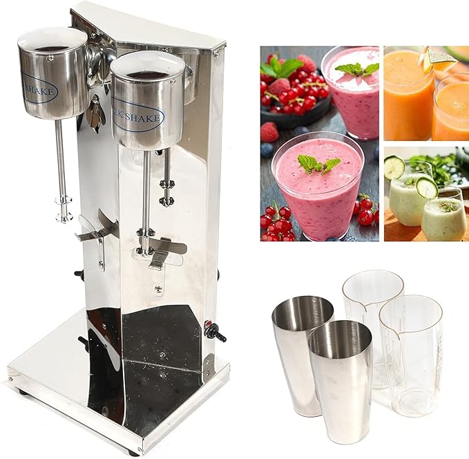 Milkshake Machine Double-Headed Milkshake Maker Machine with 2 Stainless Steel Cups &amp 2 Pc Cups Commercial Electric Drink Mixer Smoothie Ice Cream Mixer for Commercial/Home